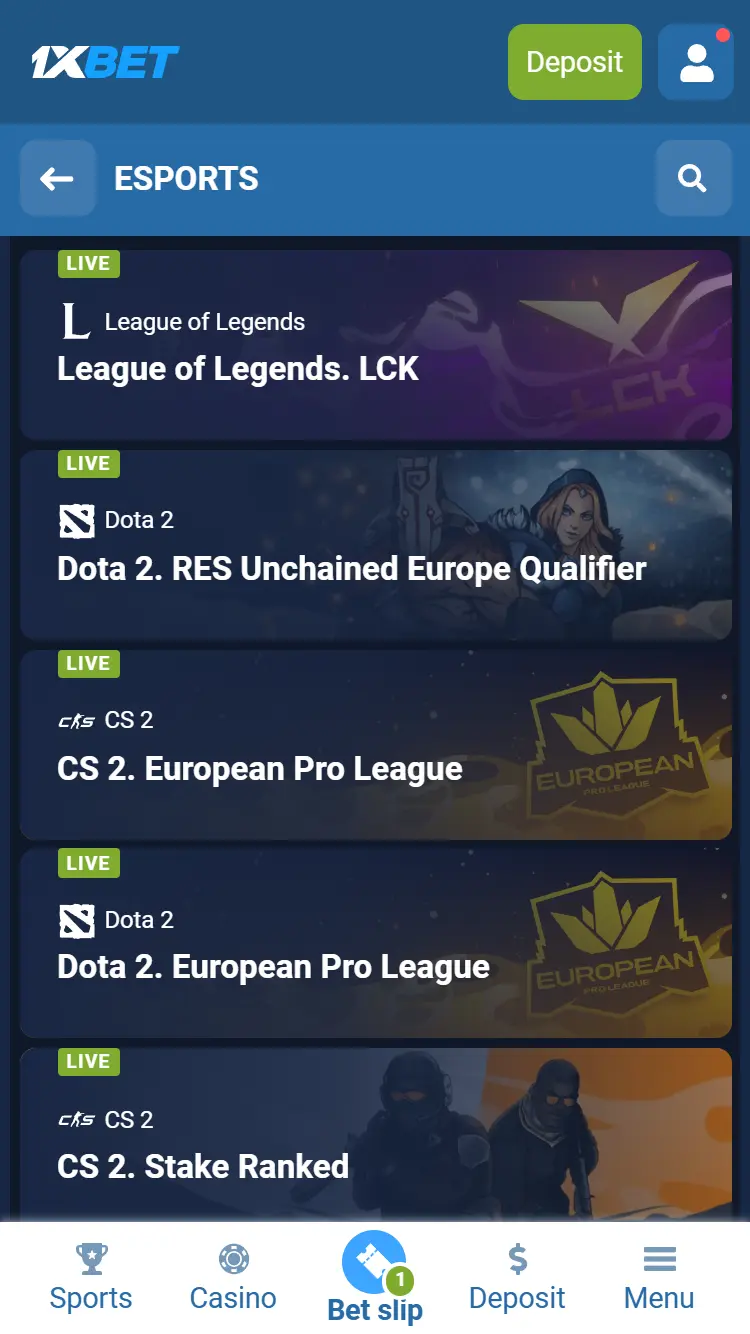 1xbet - esports section - live