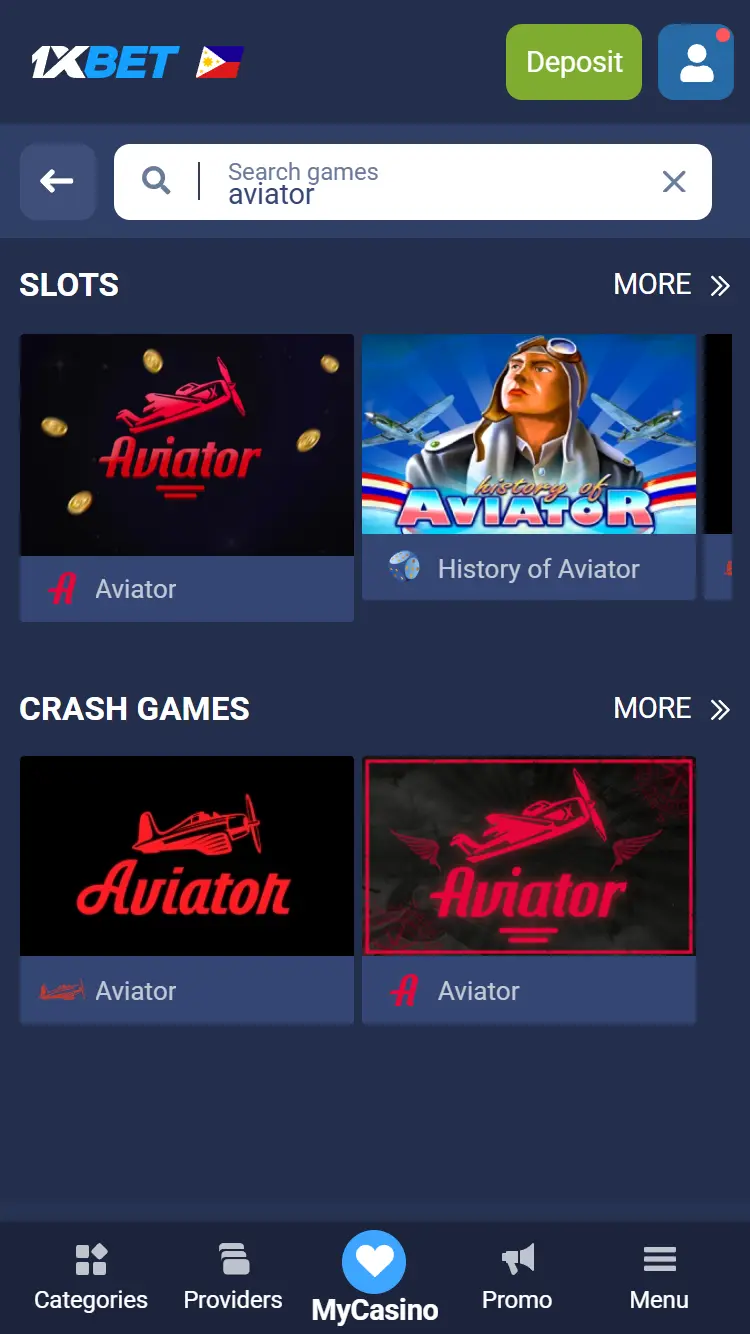 1xBet Aviator - Search by Game