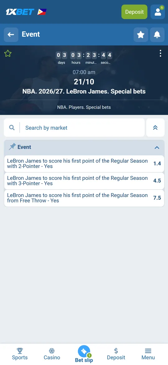 LeBron James special bets in the 1xBet app