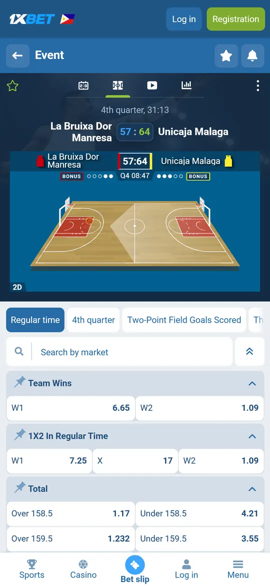 Live basketball 2D match tracker in the 1xBet app
