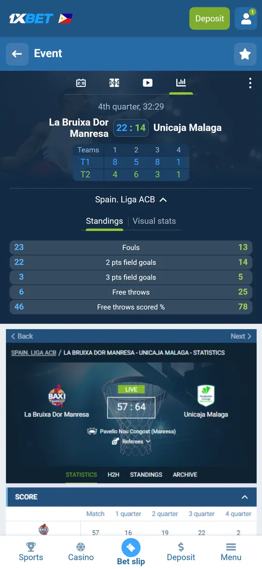 Live basketball match statistics in the 1xBet app