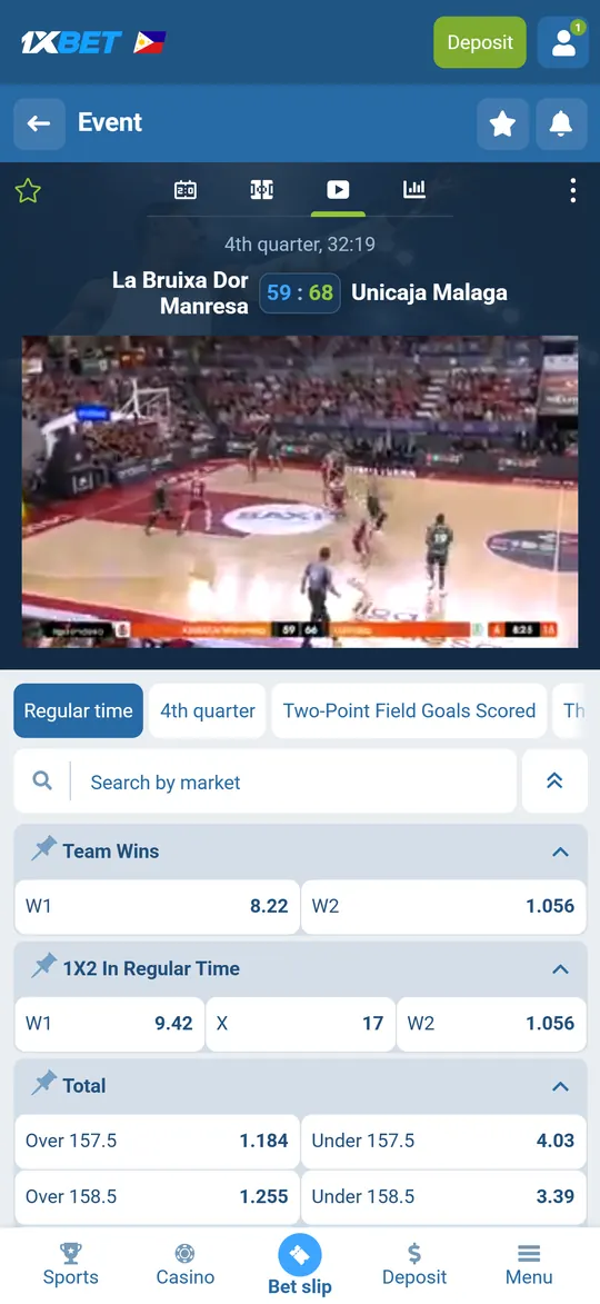Live basketball stream with betting markets in the 1xBet app