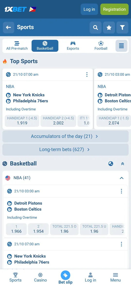 1xBet app Sports section with NBA games in Philippine time