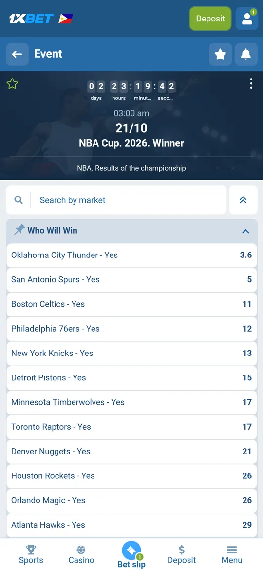 NBA Cup winner odds in the Long-term bets section of the 1xBet app
