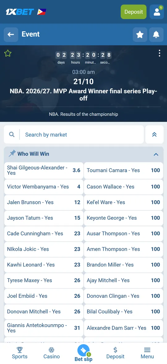 NBA Finals MVP odds in the 1xBet app