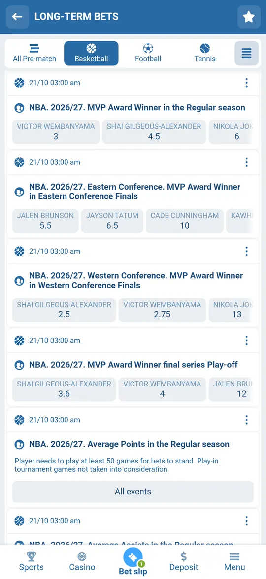 NBA long-term bets list in the 1xBet app