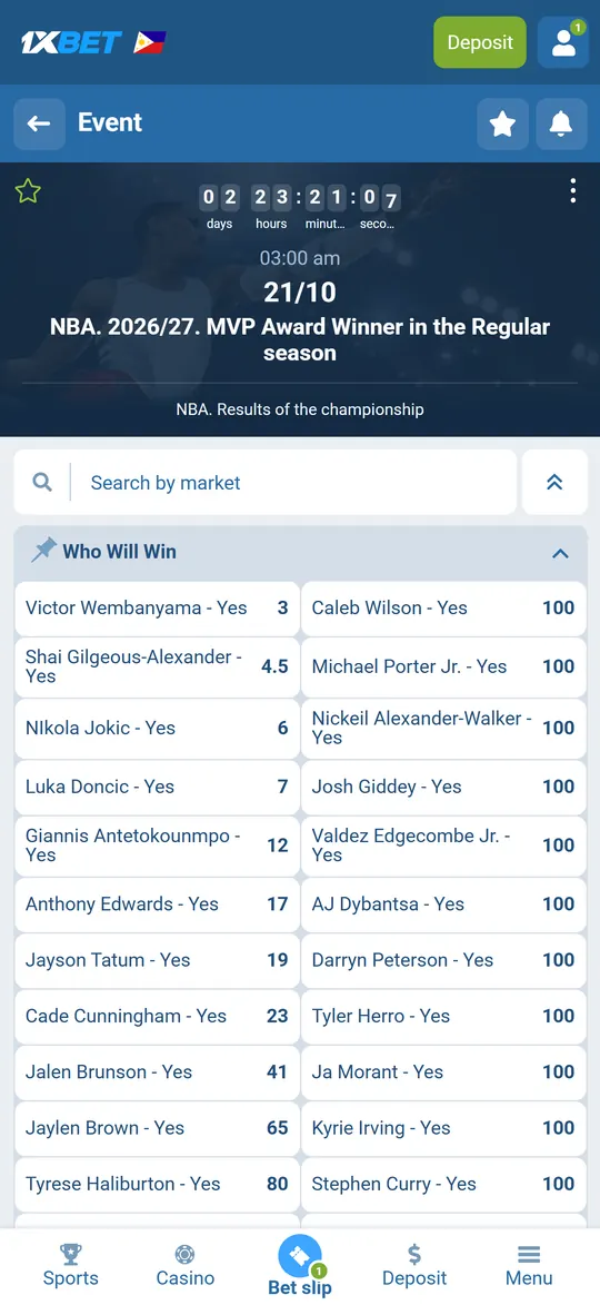 NBA MVP odds for the regular season in the 1xBet app