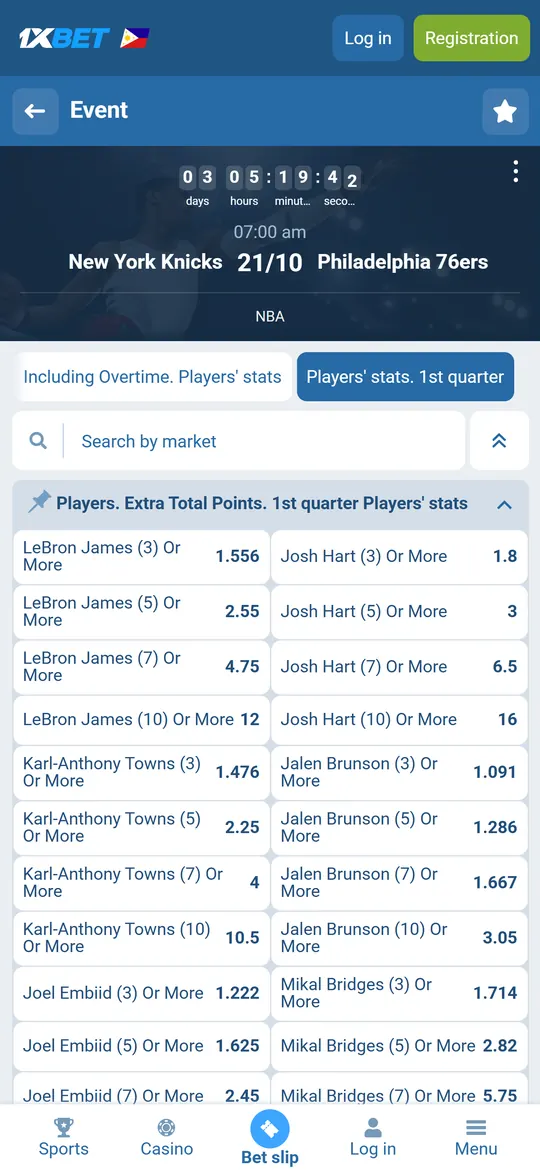 NBA player props for points in the 1xBet app